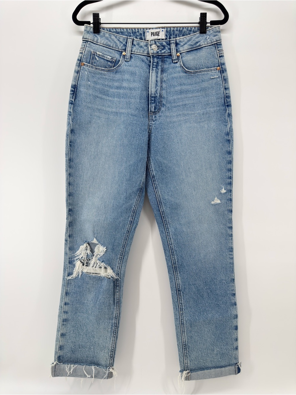 PAIGE Brigitte Straight Leg Jeans Sz 27 High Rise raw hem distressed ripped